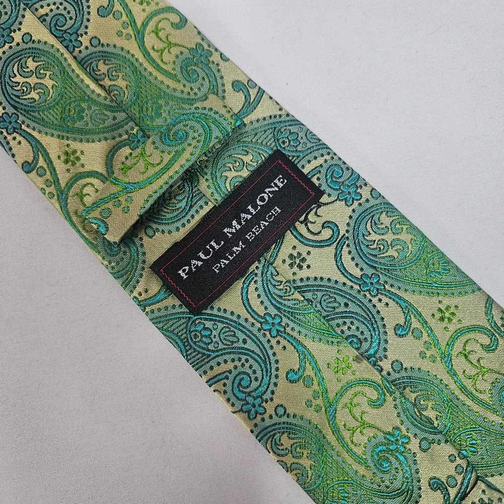 Paul Malone Palm Beach‎ Silk Paisley Necktie Mens Gold Green Blue Formal